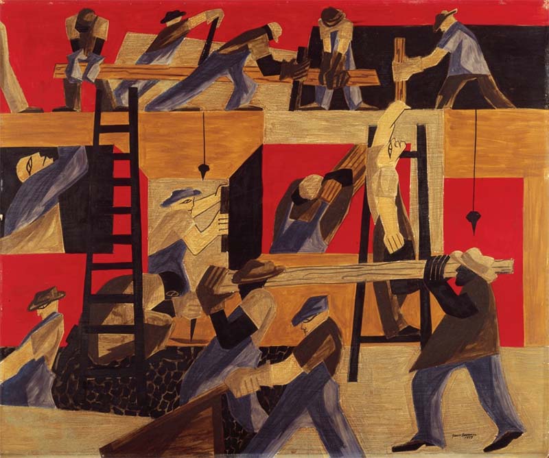 Busy workmen on an active construction site, painted in browns, reds and blues.