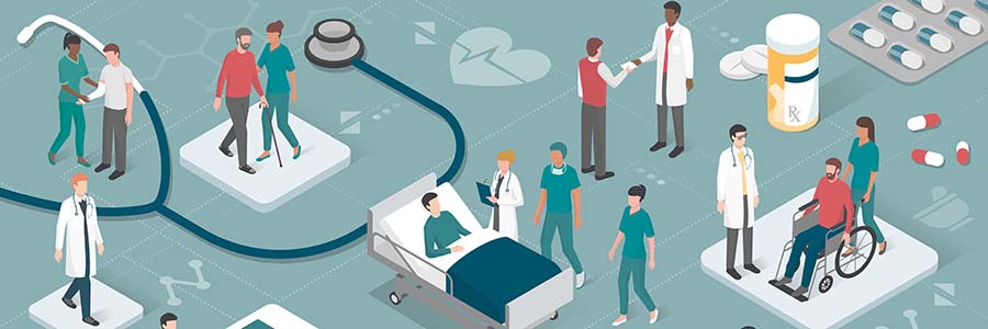 concept graphic showing doctors & nurses caring for patients in various settings, all connected by technology